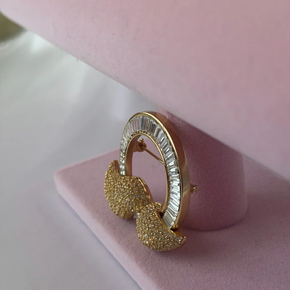 Vintage CHRISTIAN DIOR Large Gold Plate Pin Brooch Rhinestone Abstract Brooch 2" - Picture 3 of 5